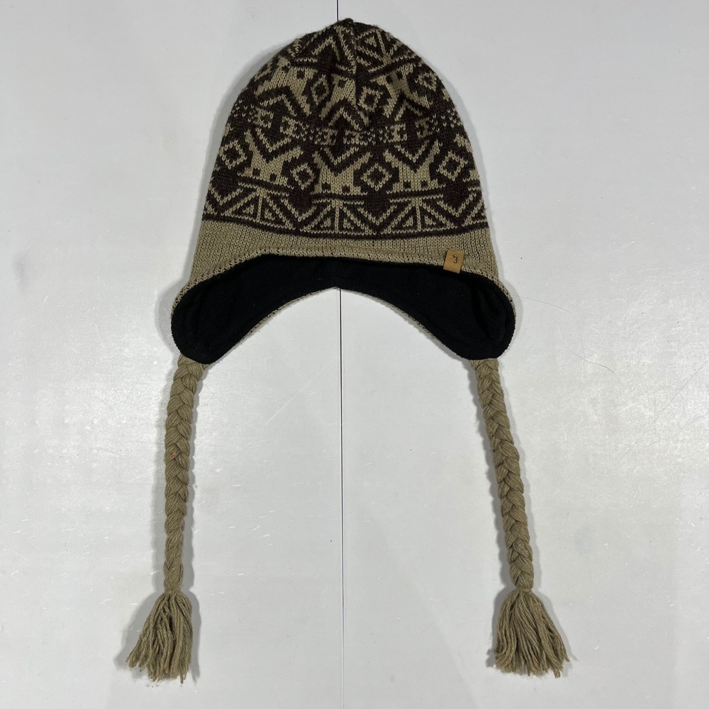 EMS Gorpcore Mens Fair Isle Wool Earflap Beanie Hat Fleece Lined Brown Nordic
